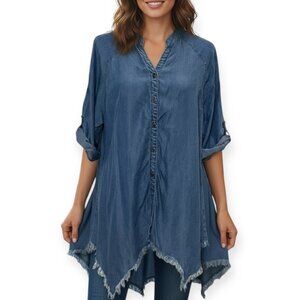 Hester & Orchard Tencel Denim Tunic Top Size L Asymmetrical Hem Roll Tab Sleeve